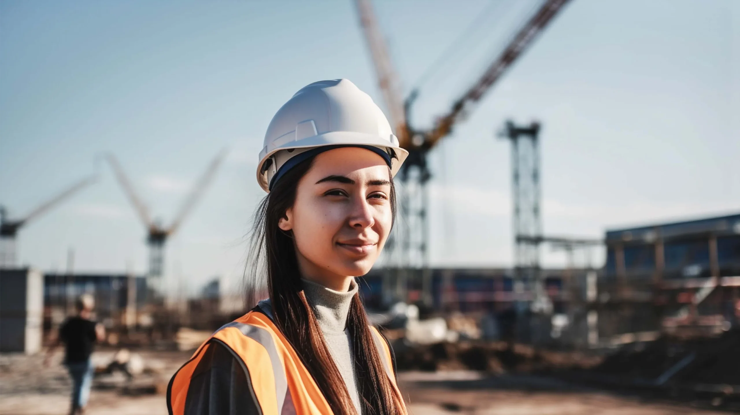 A girl in construction helmet and orange vest.